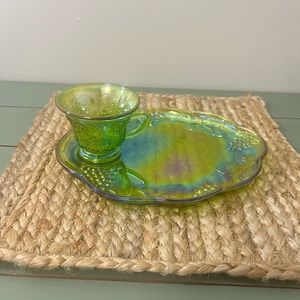 Vintage iridescent green Indiana glass harvest grape snack luncheon set